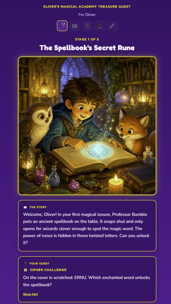 A child’s view of a quest stage with story art and a challenge to solve.