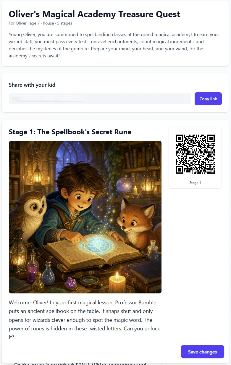 The parent view of a finished quest, with one QR code and link to open it.